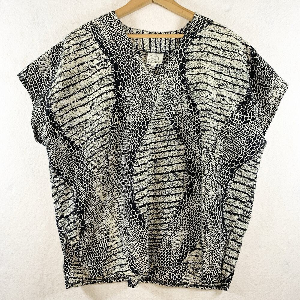 Vintage Gantos Womens Oversized Boxy Top Sz L Navy Abstract Reptile Artsy‎ Boho